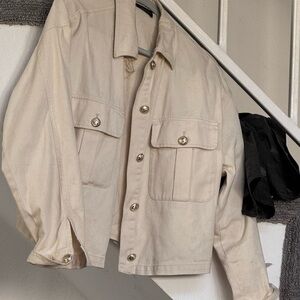 Cream Button-Up Lightweight Denim Jacket Zara